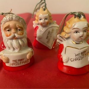 Vintage Christmas ornaments. Three Carolers Christmas bell ornaments.